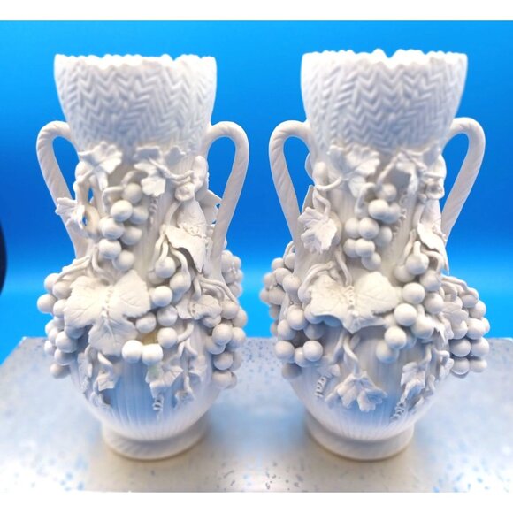 Antique Blanc De Chine Parian Ware Porcelain Bisque Amphora Vases Set Of 2 - Picture 9 of 15